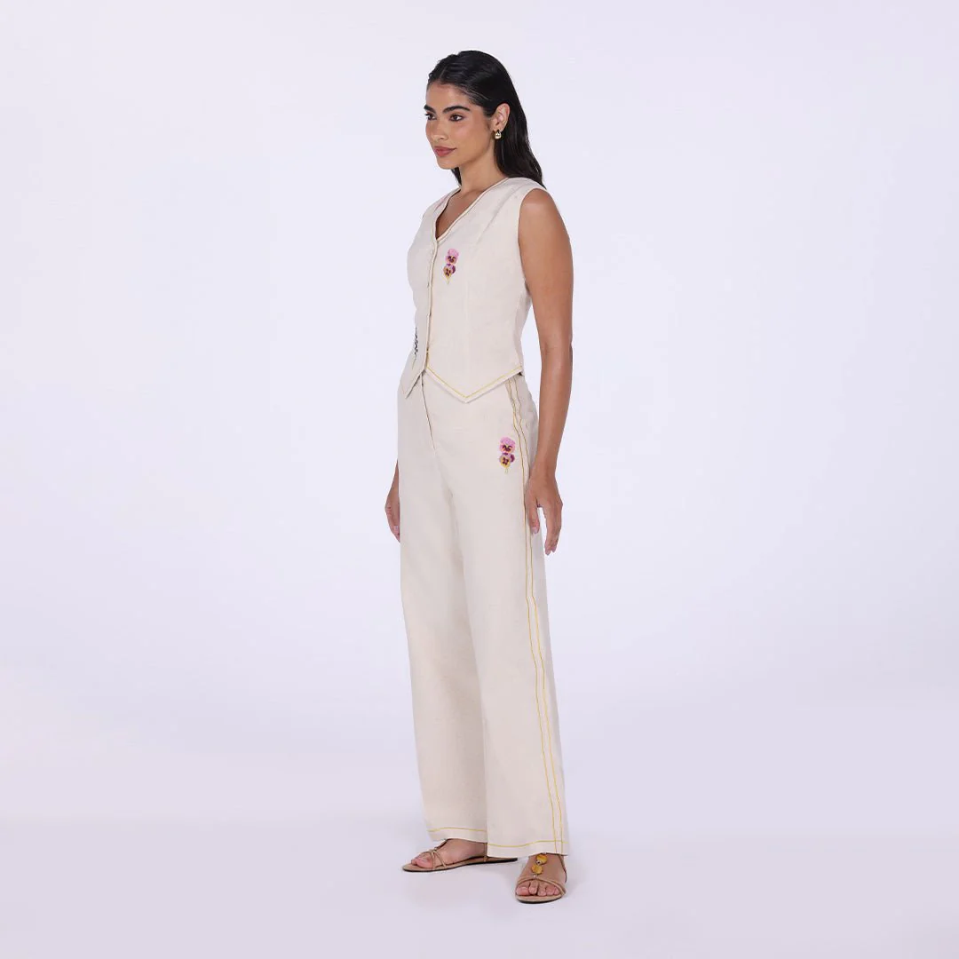 Beige Embroidered Linen Wide Leg Pants - Image 3
