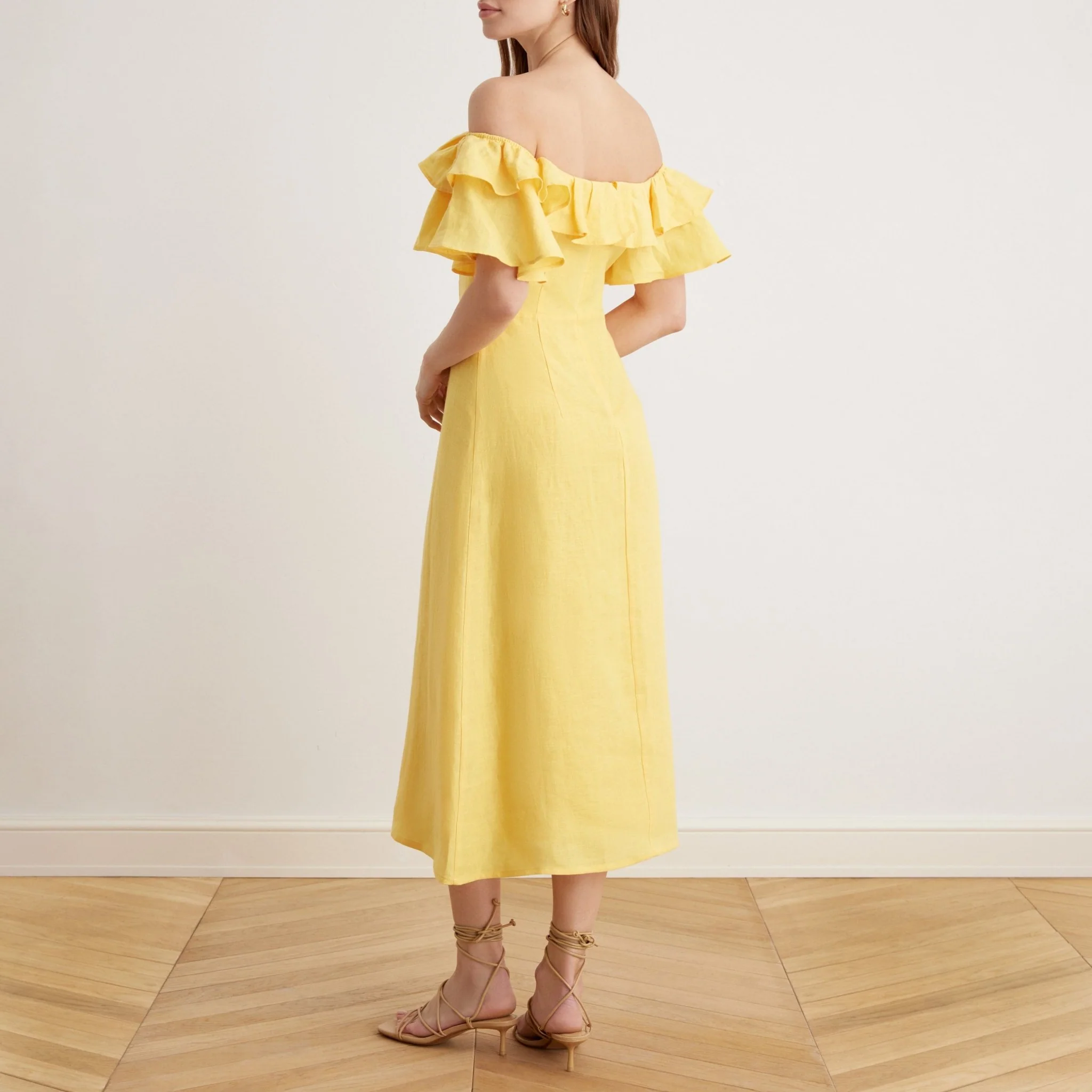 Frill Off Shoulder Midi Dress in Linen - Image 9